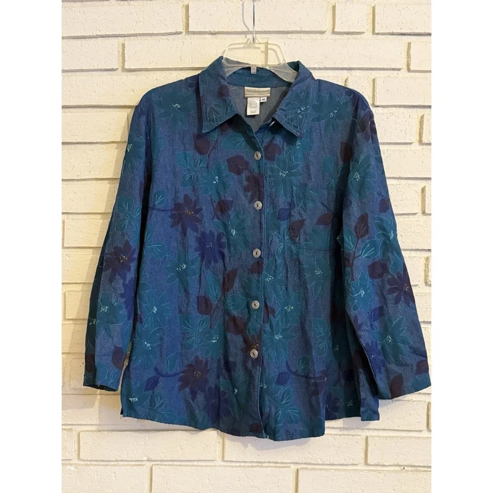 Coldwater Creek Womens Floral Denim Shirt Long Sleeve Button Down Top Size Med.